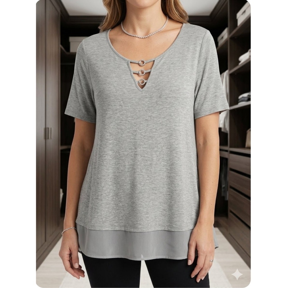 Belldini Top Women 1X Gray Rhinestone Cutout Layered Chiffon Hem Business Casual